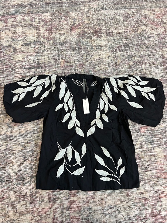 Anthropologie Tops - Anthropologie Black Top with White Leaf Embroidery